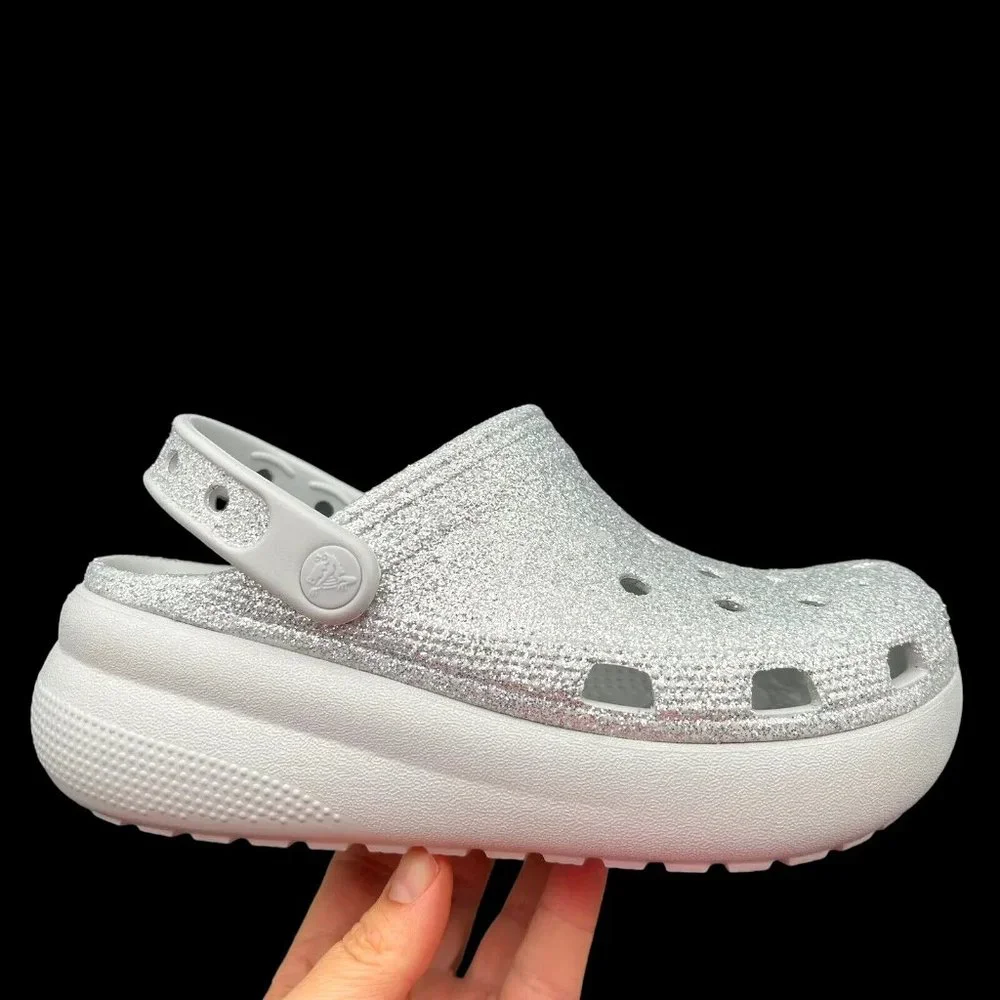 Crocs Youth Girls Platform Glitter Clog Size 2-3‎ Silver Slip-on Comfortable